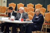 (Celia Shortt Goodyear/Boulder City Review) The three Boulder City mayoral candidates, from left, Mayor Rod Woodbury, Councilman Kiernan McManus and Councilman Warren Harhay, participate in a cand ...