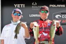 (Boulder City Bass Club) Izec Easter, left, and Corey Williams show off their bass haul at the 2019 Bass Pro Shops FLW High School Fishing Lake Mead Open on Sunday, March 4. The duo earned first p ...