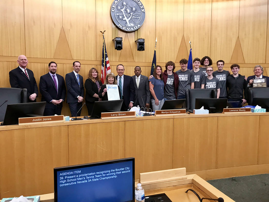 (Clark County) Boulder City High School's boys tennis team was congratulated and presented with a proclamation for winning the state championship by the Clark County Commission on Tuesday, March 5 ...