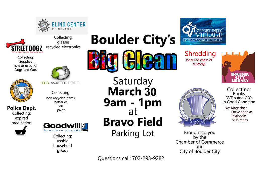 (Boulder City) Boulder City and Boulder City Chamber of Commerce are holding the second Big Clean event from 9 a.m. to 1 p.m. March 30 in the Bravo Field parking lot.