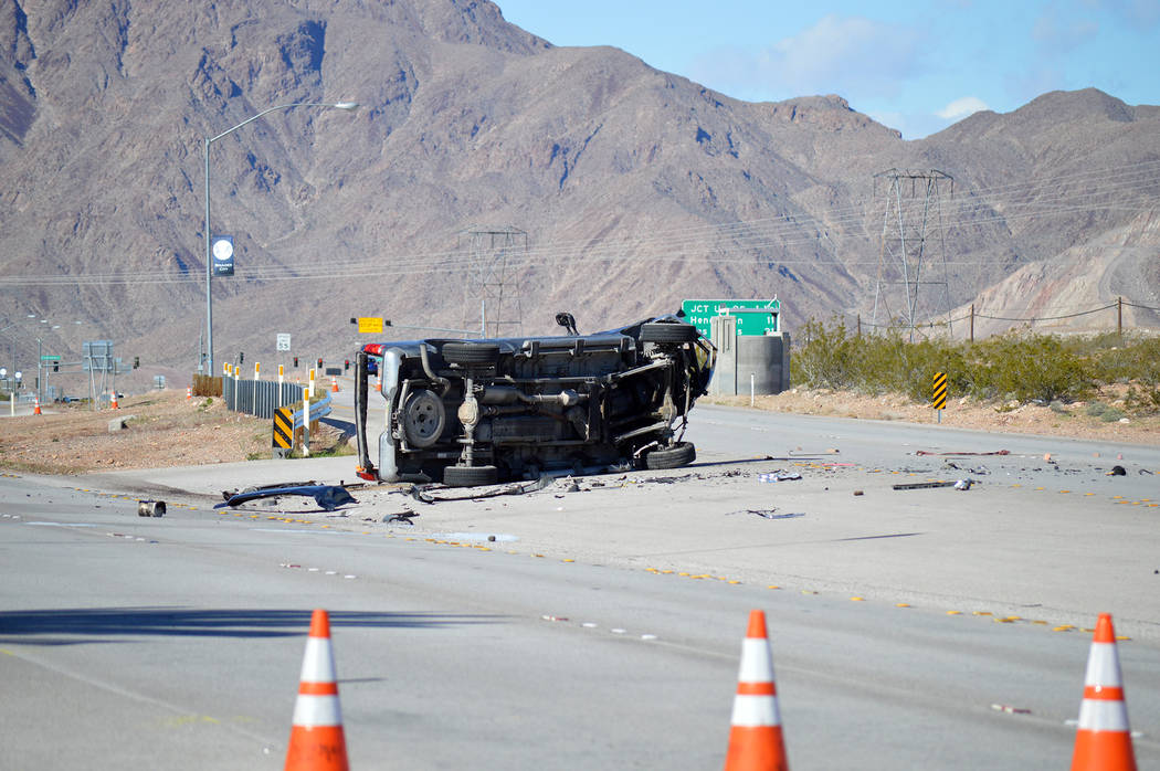 Celia Shortt Goodyear/Boulder City Review The driver a pickup truck was killed on Thursday, March 7, when the vehicle was hit by another car on U.S. Highway 93 in Boulder City.