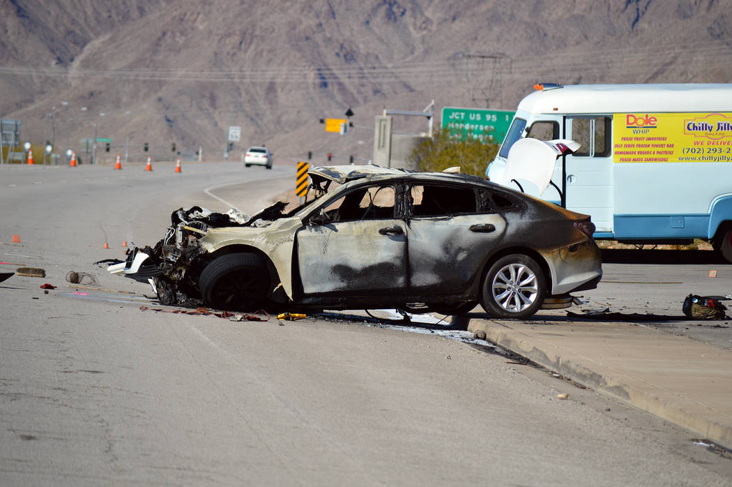 Celia Shortt Goodyear/Boulder City Review This car hit a truck on Thursday, March 7, on U.S. Highway 93 and killed the driver.