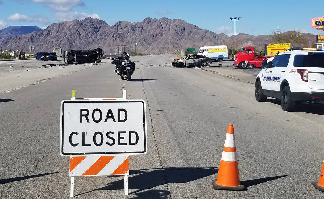 (Celia Shortt Goodyear/Boulder City Review) A fatal accident has shut down U.S. Highway 93 in Boulder City.