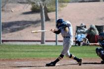 (Robert Vendettoli/Boulder City Review) Boulder City High School sophomore Scott Badhe hits a double to left center field in the sixth inning against 4A Foothill on Saturday, March 9, driving in a ...