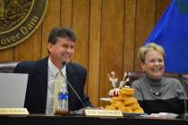 (Celia Shortt Goodyear/Boulder City Review) Mayor Rod Woodbury was recognized for his upcoming birthday at the City Council meeting Tuesday, March 12. His family brought him a cake and doughnuts f ...