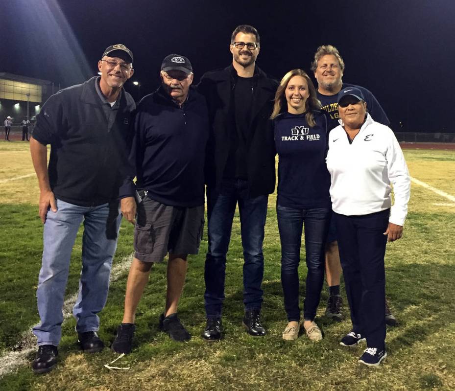 (File) Boulder City High School is seeking nominations for its Golden Eagle Hall of Fame class of 2019. The 2017 inductees from left, Bob Stoltz, Kevin Keegan, Shane Stemmer, Katie Palmer-Mackay, ...