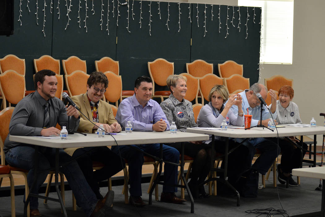 (Celia Shortt Goodyear/Boulder City Review) City Council candidates, from left, Trenton Motley, James Adams, Rich Shuman, Peggy Leavitt, Claudia Bridges, Tom Tyler and Judy Dechaine, participate i ...