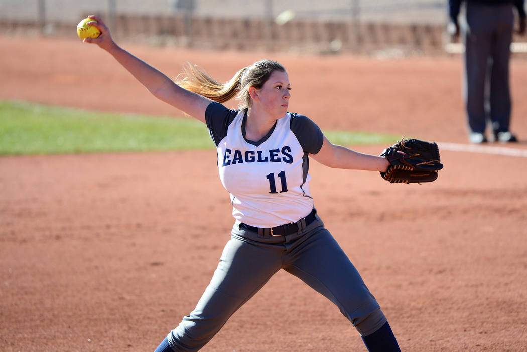 (Robert Vendettoli/Boulder City Review) Abby Giunta, a senior at Boulder City High School, throws a strike against Western on March 13 in the Lady Eagles' 19-4 victory. Giunta struck out four batt ...