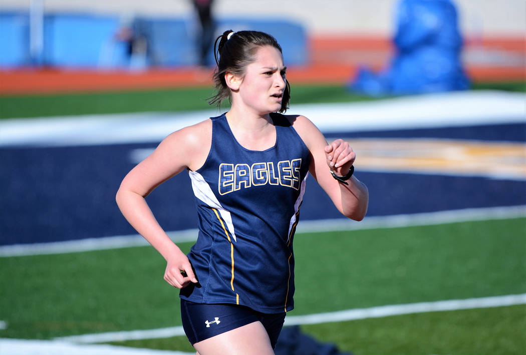 (Robert Vendettoli/Boulder City Review) Racing to the finish line, Boulder City High School sophomore Sophie Dickerman finished third in the 1600-meter run in the Eagles' weekday event on March 13.