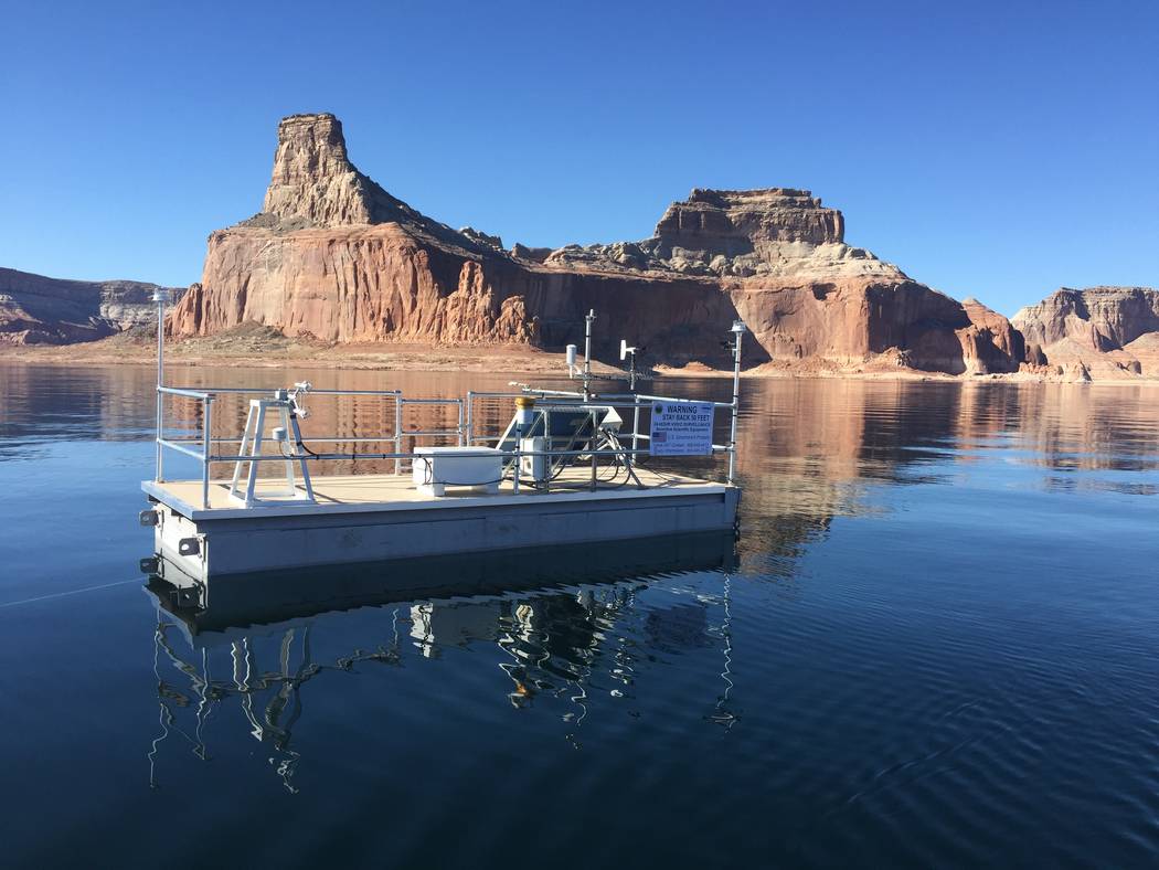 (Desert Research Institute) A remote evaporation station floats in Lake Powell on Nov. 7, 2018.