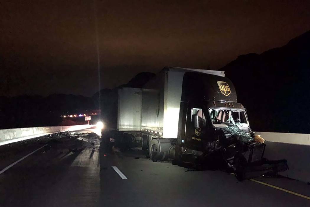 (Nevada Highway Patrol) A UPS tractor-trailer sustained severe damage in a head-on crash with a ...