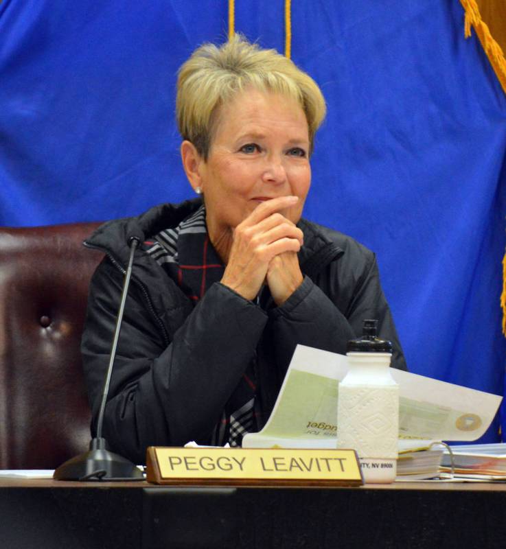Celia Shortt Goodyear/Boulder City Review City Councilwoman Peggy Leavitt listens to a presenta ...