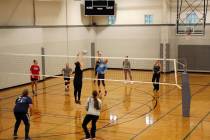 (Kelly Lehr) Roxanne Lamar from The Amazons hits against a block from Bridget Martorano from Bo ...