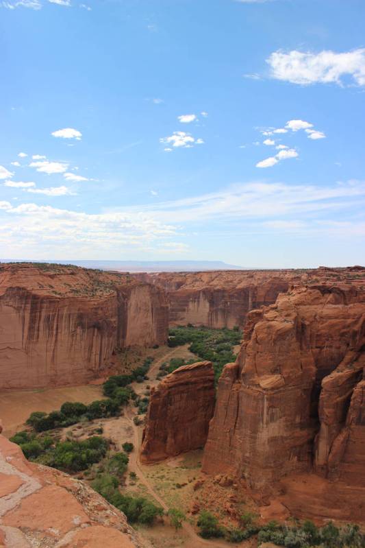 (Deborah Wall) Red sandstone cliffs rise up 1,000 feet from the valley floor in Canyon de Chell ...