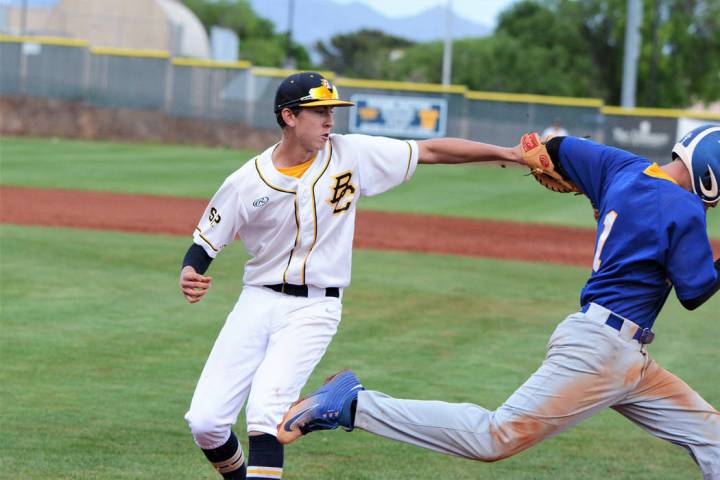 (Robert Vendettoli/Boulder City Review) Boulder City High School sophomore Joey Giunta tags a M ...