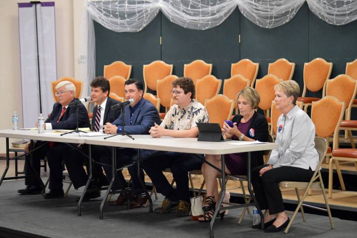 (Celia Shortt Goodyear/Boulder City Review) Mayoral and City Council candidates participate in ...