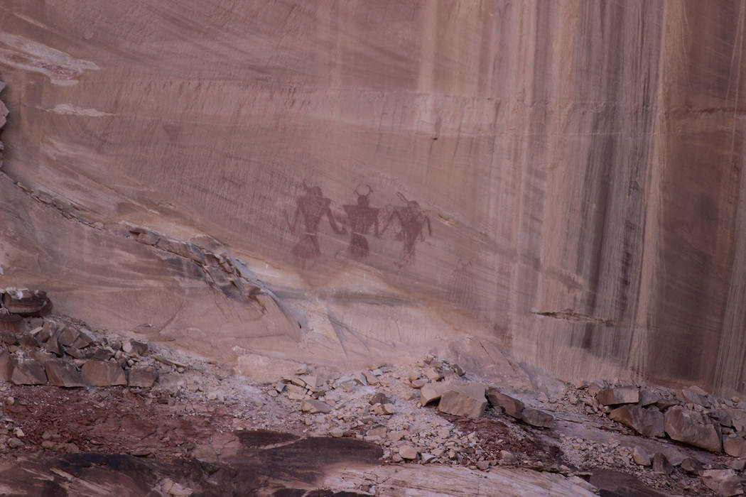 (Deborah Wall) These pictographs depicting warriors in a trapezoidal shape and head dresses are ...