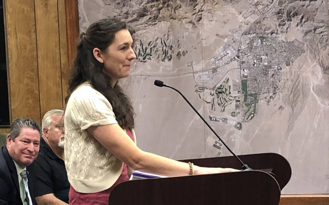 (Boulder City) Councilwoman Tracy Folda addresses City Council on Tuesday, July 9, after being ...