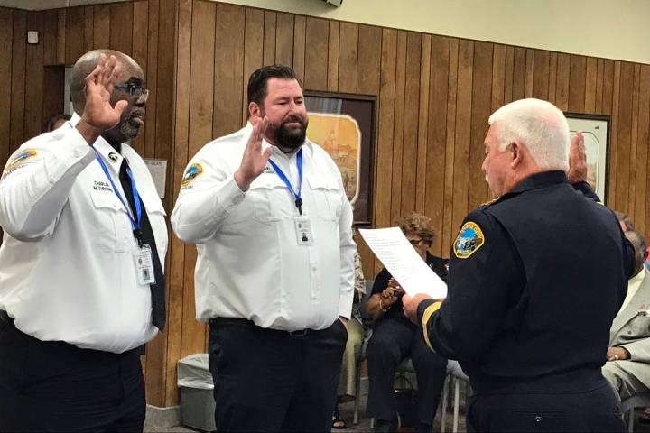 (Hali Bernstein Saylor/Boulder City Review) Michael Thrower, left, and Ryan Creelman are sworn ...