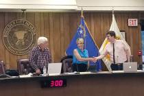(Celia Shortt Goodyear/Boulder City Review) Mayor Kiernan McManus, from left, Councilwoman Clau ...