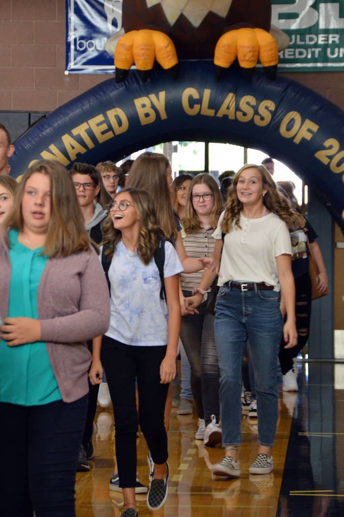 Celia Shortt Goodyear/Boulder City Review Freshman students are welcomed into the gym at Boulde ...