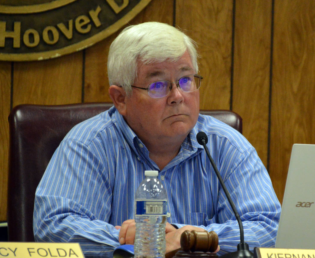 (Celia Shortt Goodyear/Boulder City Review) Mayor Kiernan McManus listens to a presentation at ...