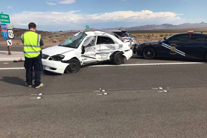 (Nevada Highway Patrol/Twitter) A Nissan Sentra that was traveling on U.S. Highway 95 is seen o ...