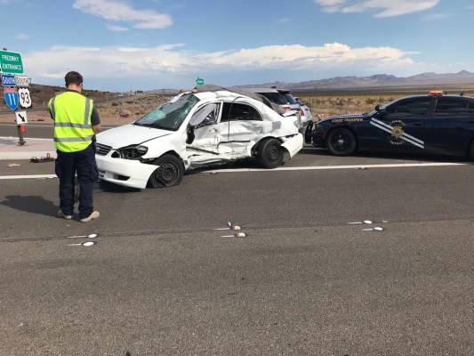 (Nevada Highway Patrol/Twitter) A Nissan Sentra that was traveling on U.S. Highway 95 is seen o ...
