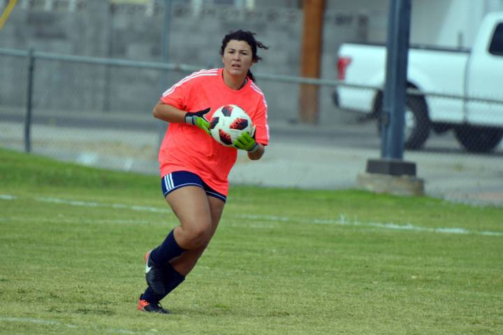 (Celia Shortt Goodyear/Boulder City Review) Boulder City High School goalie Erin Taggard, a sen ...