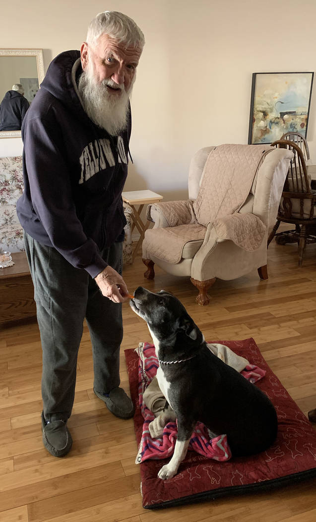 (Hali Bernstein Saylor/Boulder City Review) Don Carlyle gives his dog, Molly, a carrot as a tre ...