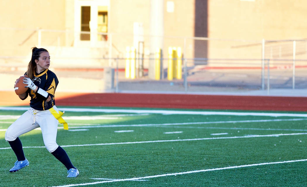 (Jamie Jane/Boulder City Review) Senior Makeala Perkins, seen on the field Feb. 7, threw 15 pas ...