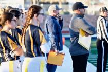 (Jamie Jane/Boulder City Review) Kevin Ruth, center in blue, head coach for Boulder City High S ...