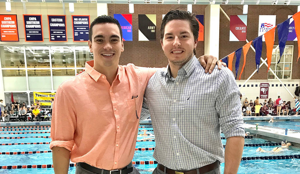 (Drew Peterson) Drew Peterson, right, Martin Methodist University’s new head swim coach, visi ...