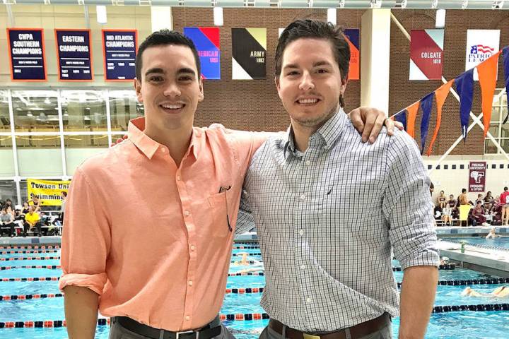 (Drew Peterson) Drew Peterson, right, Martin Methodist University’s new head swim coach, visi ...