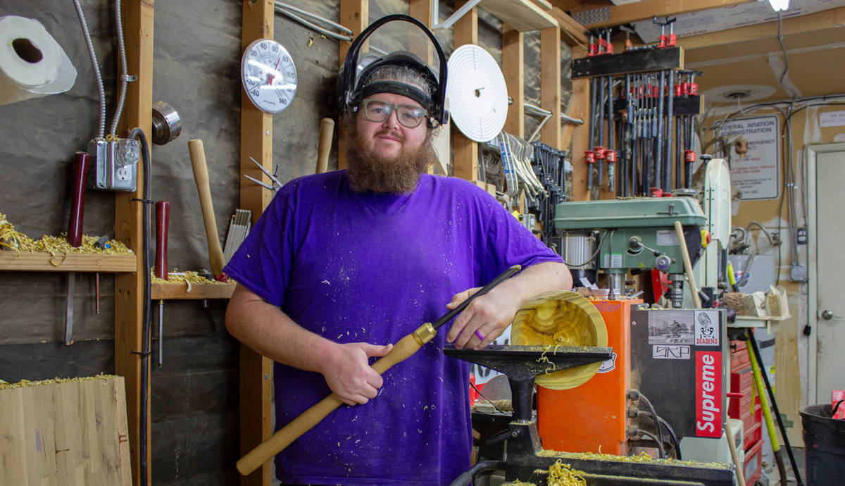 (Braxton Wirthlin) Braxton Wirthlin of Boulder City stands by his lathe, which he uses to trans ...