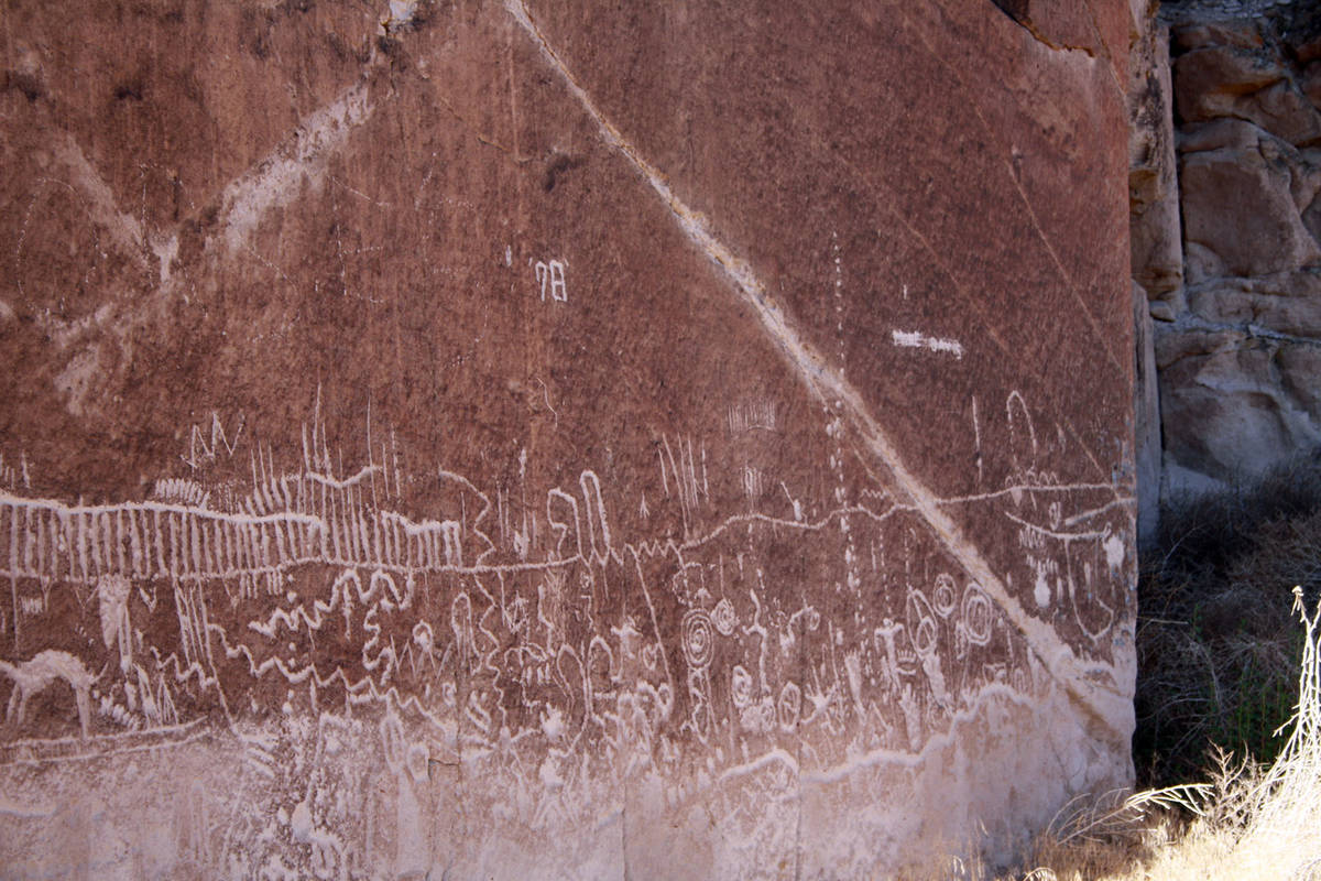 (Deborah Wall) Intricate patterned rock art can been seen at Basin and Range National Monument, ...