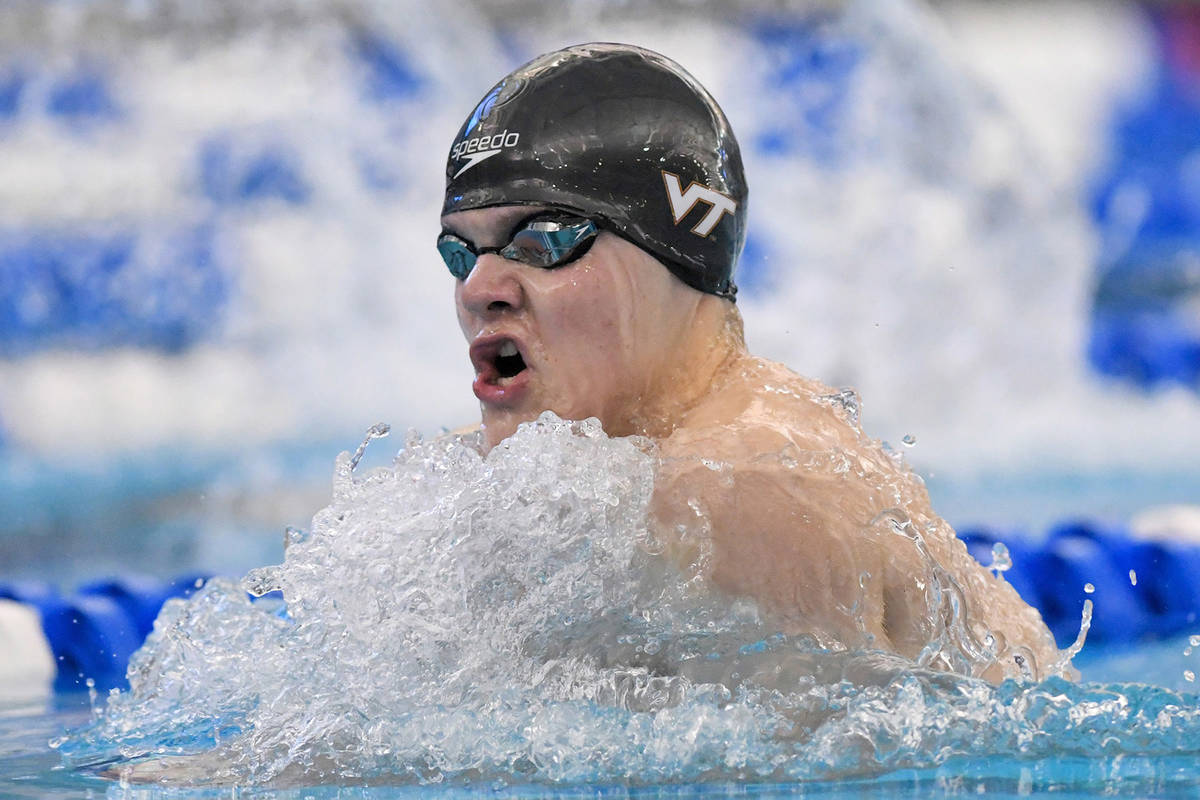 (Virginia Tech) AJ Pouch, seen swimming in the ACC’s swimming and diving championship in Gree ...
