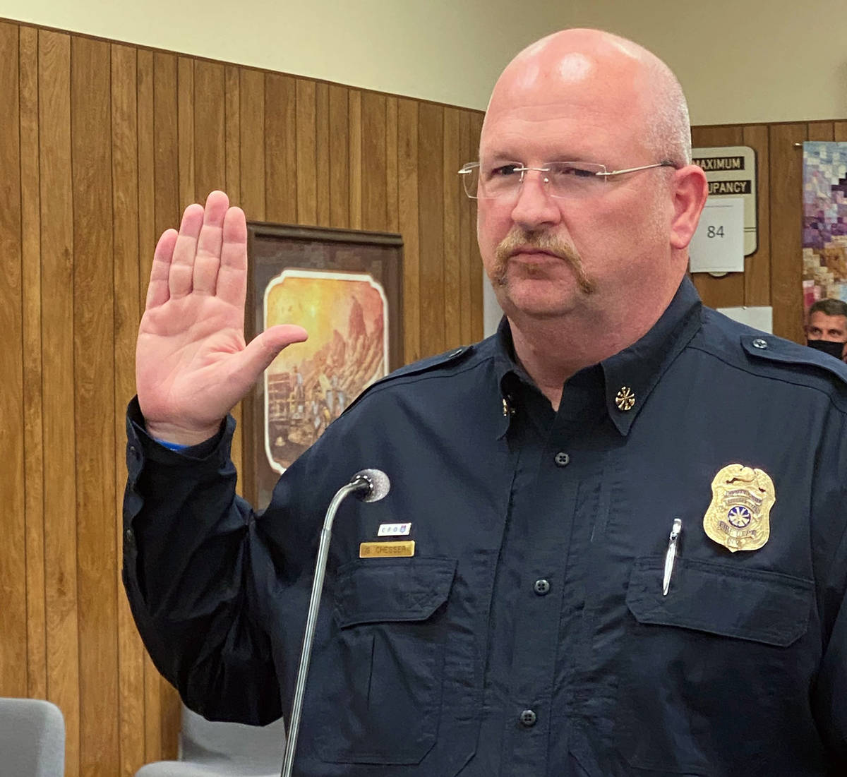 (Boulder City) Greg Chesser is sworn in as the Boulder City Deputy Fire Chief at the beginning ...
