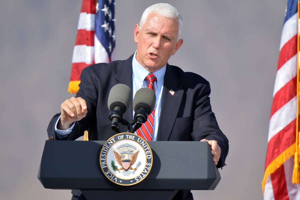 Celia Shortt Goodyear/Boulder City Review Vice President Mike Pence tells attendees at a rally ...