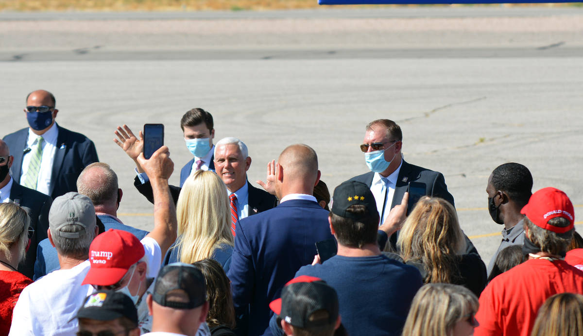 Celia Shortt Goodyear/Boulder City Review Vice President Mike Pence greets the crowd after his ...