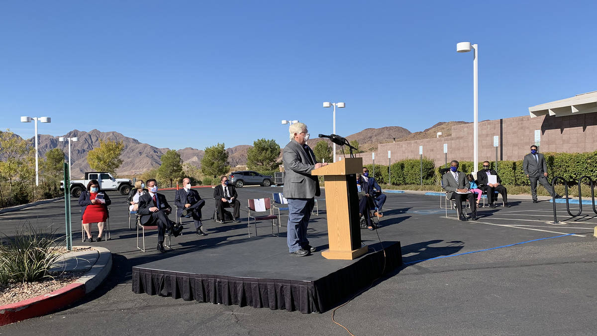 (Hali Bernstein Saylor/Boulder City Review) Boulder City Mayor Kiernan McManus reads a proclama ...
