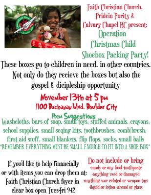 Faith Christian Church, 1100 Buchanan Blvd., is hosting a packing party for Operation Christmas ...