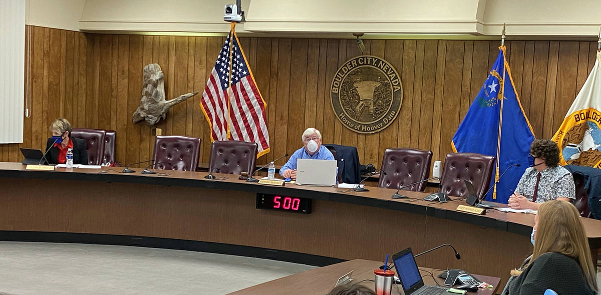 Boulder City City Council members, from left, Claudia Bridges, Mayor Kiernan McManus and James ...