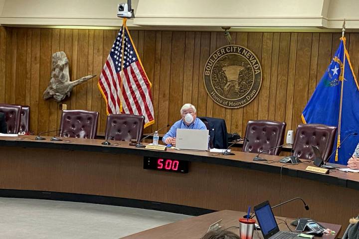 Boulder City City Council members, from left, Claudia Bridges, Mayor Kiernan McManus and James ...