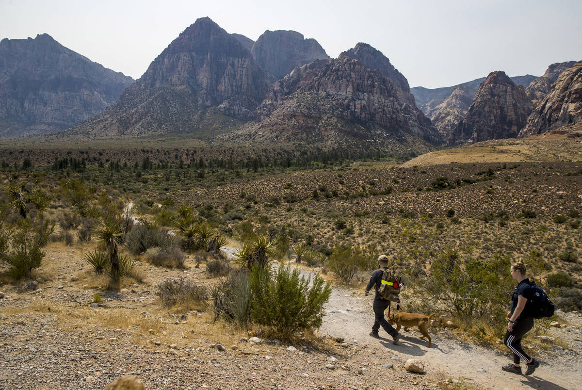 (L.E. Baskow/Las Vegas Review-Journal) Hikers make their way along the Pine Creek Canyon trail ...