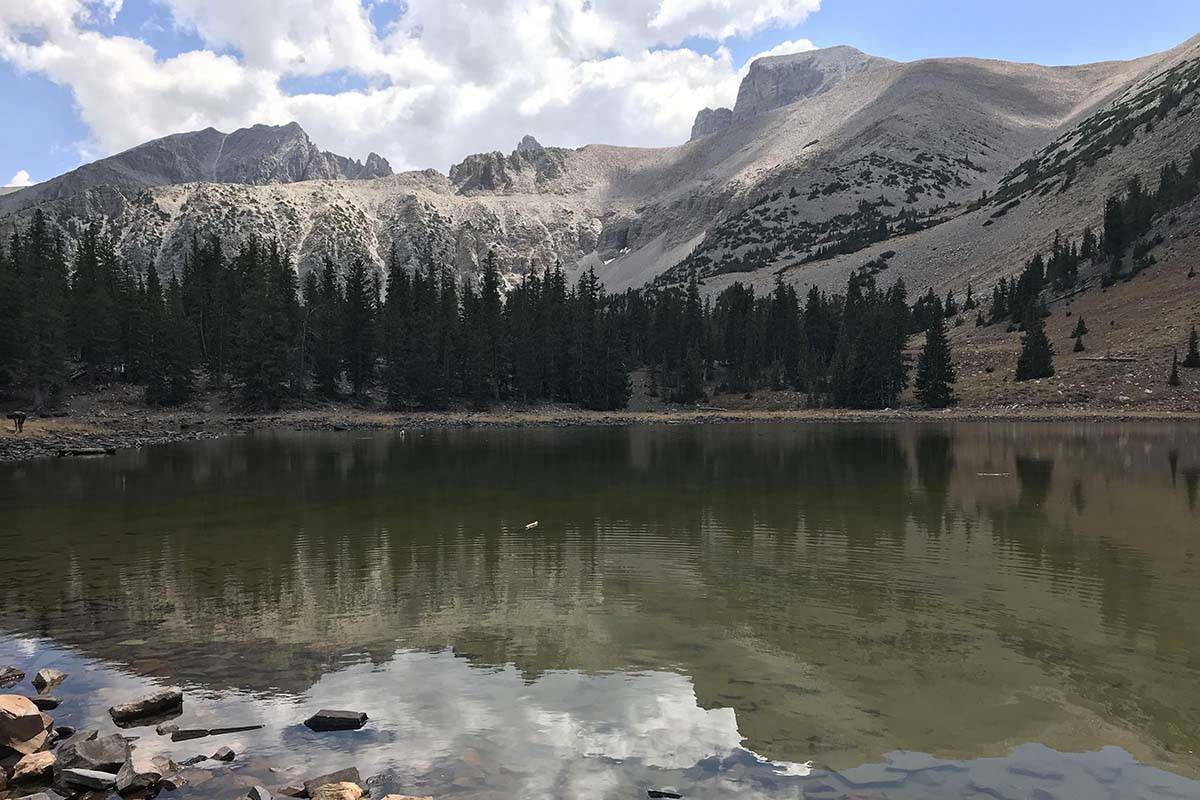 Jeff Davis Peak, left, and Wheeler Peak reflect in the waters of Stella Lake at Great Basin Nat ...