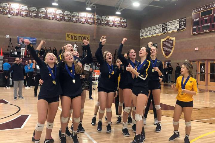 Members of the Boulder City High School girls volleyball team, which earned its third straight ...