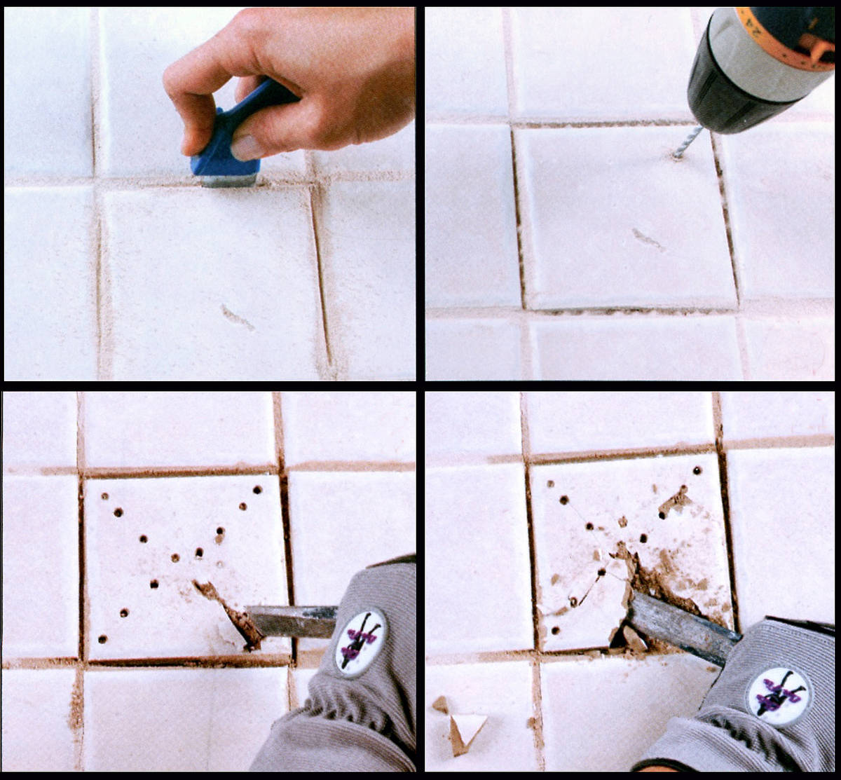 (Norma Vally) To break out old tiles, first remove the grout. Then, make small divots in the sh ...