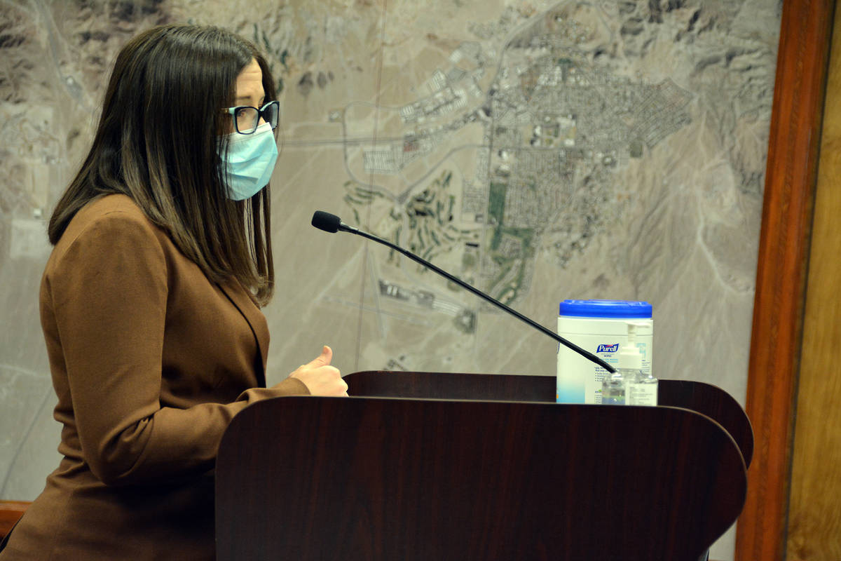 Celia Shortt Goodyear/Boulder City Review Acting City Attorney Brittany Walker answers a questi ...