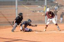 (Jamie Jane/Boulder City Review) Kenon Welbourne makes the catch at home plate in the Eagles’ ...